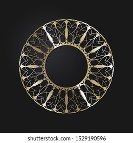 Decorative openwork round frame with gold abstract floral pattern. Circular ornament. An elegant element for design. Vector.