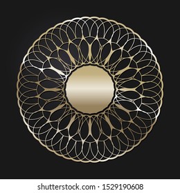 Decorative openwork round frame with gold abstract floral pattern. Circular ornament. An elegant element for design. Vector.