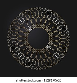 Decorative openwork round frame with gold abstract floral pattern. Circular ornament. An elegant element for design. Vector.