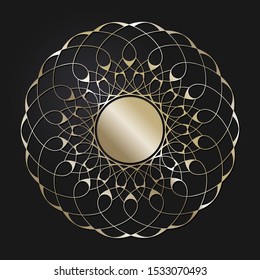 Decorative openwork round frame with gold abstract floral pattern. Circular ornament. An elegant element for design. Vector.