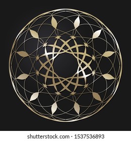 Decorative openwork round frame with gold abstract floral pattern. Circular ornament. An elegant element for design. Vector.