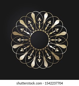 Decorative openwork round frame with gold abstract floral pattern. Circular ornament. An elegant element for design. Vector.