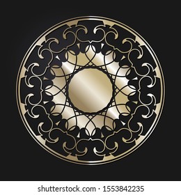 Decorative openwork round frame with gold abstract floral pattern. Circular ornament. An elegant element for design. Vector.