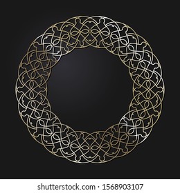 Decorative openwork round frame with gold abstract floral pattern. Circular ornament. An elegant element for design. Vector.