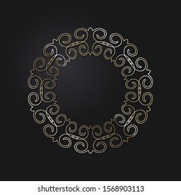 Decorative openwork round frame with gold abstract floral pattern. Circular ornament. An elegant element for design. Vector.