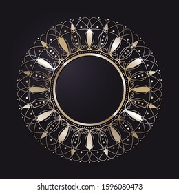 Decorative openwork round frame with gold abstract floral pattern on black background. Circular ornament. An elegant element for design. Vector.