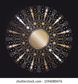 Decorative openwork round frame with gold abstract floral pattern on black background. Circular ornament. An elegant element for design. Vector.