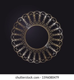Decorative openwork round frame with gold abstract floral pattern on black background. Circular ornament. An elegant element for design. Vector.
