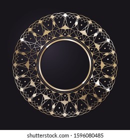 Decorative openwork round frame with gold abstract floral pattern on black background. Circular ornament. An elegant element for design. Vector.
