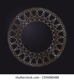 Decorative openwork round frame with gold abstract floral pattern on black background. Circular ornament. An elegant element for design. Vector.