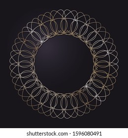 Decorative openwork round frame with gold abstract floral pattern on black background. Circular ornament. An elegant element for design. Vector.