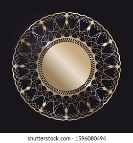 Decorative openwork round frame with gold abstract floral pattern on black background. Circular ornament. An elegant element for design. Vector.