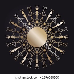 Decorative openwork round frame with gold abstract floral pattern on black background. Circular ornament. An elegant element for design. Vector.
