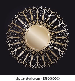 Decorative openwork round frame with gold abstract floral pattern on black background. Circular ornament. An elegant element for design. Vector.