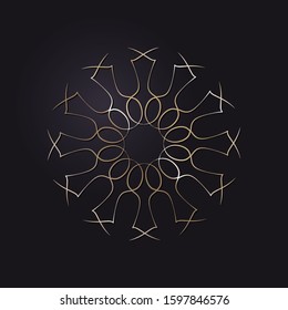 Decorative openwork round frame with gold abstract floral pattern on black background. Circular ornament. An elegant element for design. Vector.