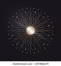 Decorative openwork round frame with gold abstract floral pattern on black background. Circular ornament. An elegant element for design. Vector.