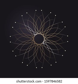 Decorative openwork round frame with gold abstract floral pattern on black background. Circular ornament. An elegant element for design. Vector.