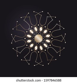 Decorative openwork round frame with gold abstract floral pattern on black background. Circular ornament. An elegant element for design. Vector.