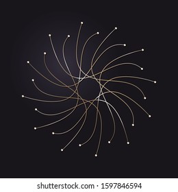 Decorative openwork round frame with gold abstract floral pattern on black background. Circular ornament. An elegant element for design. Vector.