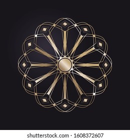 Decorative openwork round frame with gold abstract floral pattern on black background. Circular ornament. An elegant element for design. Vector.
