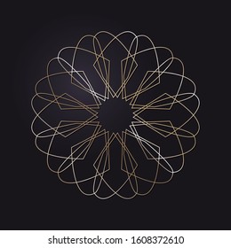 Decorative openwork round frame with gold abstract floral pattern on black background. Circular ornament. An elegant element for design. Vector.