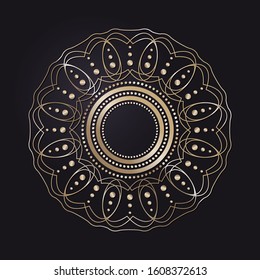 Decorative openwork round frame with gold abstract floral pattern on black background. Circular ornament. An elegant element for design. Vector.