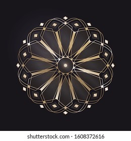 Decorative openwork round frame with gold abstract floral pattern on black background. Circular ornament. An elegant element for design. Vector.