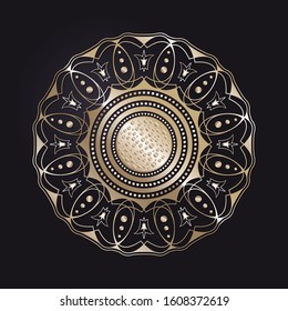 Decorative openwork round frame with gold abstract floral pattern on black background. Circular ornament. An elegant element for design. Vector.
