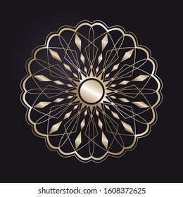 Decorative openwork round frame with gold abstract floral pattern on black background. Circular ornament. An elegant element for design. Vector.