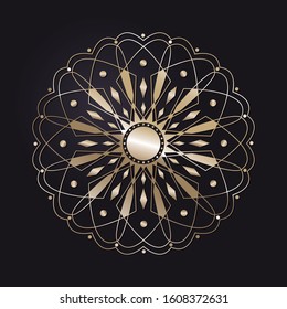 Decorative openwork round frame with gold abstract floral pattern on black background. Circular ornament. An elegant element for design. Vector.