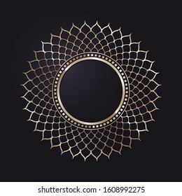 Decorative openwork round frame with gold abstract floral pattern on black background. Circular ornament. An elegant element for design. Vector.