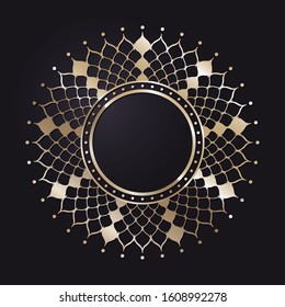 Decorative openwork round frame with gold abstract floral pattern on black background. Circular ornament. An elegant element for design. Vector.