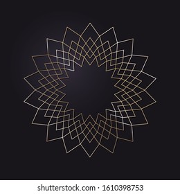 Decorative openwork round frame with gold abstract floral pattern on black background. Circular ornament. An elegant element for design. Vector.