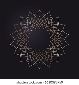 Decorative openwork round frame with gold abstract floral pattern on black background. Circular ornament. An elegant element for design. Vector.
