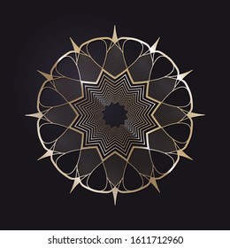 Decorative openwork round frame with gold abstract floral pattern on black background. Circular ornament. An elegant element for design. Vector.