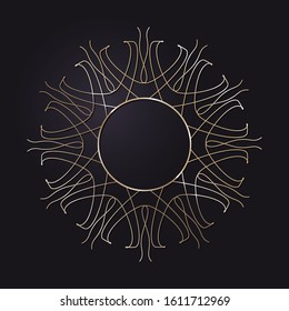 Decorative openwork round frame with gold abstract floral pattern on black background. Circular ornament. An elegant element for design. Vector.