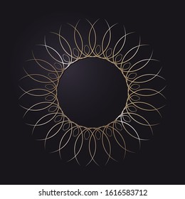 Decorative openwork round frame with gold abstract floral pattern on black background. Circular ornament. An elegant element for design. Vector.