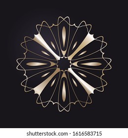 Decorative openwork round frame with gold abstract floral pattern on black background. Circular ornament. An elegant element for design. Vector.