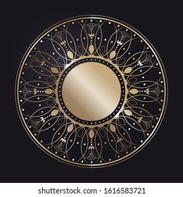 Decorative openwork round frame with gold abstract floral pattern on black background. Circular ornament. An elegant element for design. Vector.