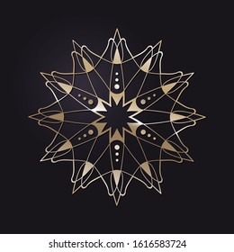 Decorative openwork round frame with gold abstract floral pattern on black background. Circular ornament. An elegant element for design. Vector.