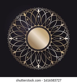 Marco redondo de apertura decorativo con motivos florales abstractos de oro sobre fondo negro. Ornamento circular. Un elemento elegante para el diseño. Vector.