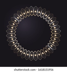 Decorative openwork round frame with gold abstract pattern on black background. Circular ornament. An elegant element for design. Vector.