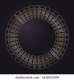 Decorative openwork round frame with gold abstract pattern on black background. Circular ornament. An elegant element for design. Vector.