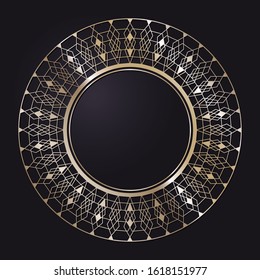 Decorative openwork round frame with gold abstract pattern on black background. Circular ornament. An elegant element for design. Vector.