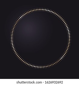 Decorative openwork round frame with gold abstract pattern on black background. Circular ornament. An elegant element for design. Vector.