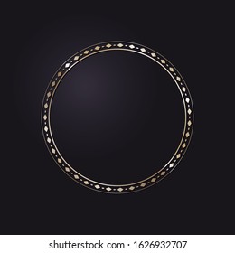Decorative openwork round frame with gold abstract pattern on black background. Circular ornament. An elegant element for design. Vector.