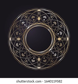 Decorative openwork round frame with gold abstract pattern on black background. Circular ornament. An elegant element for design. Vector.