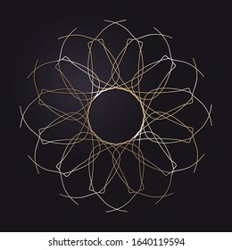 Decorative openwork round frame with gold abstract pattern on black background. Circular ornament. An elegant element for design. Vector.