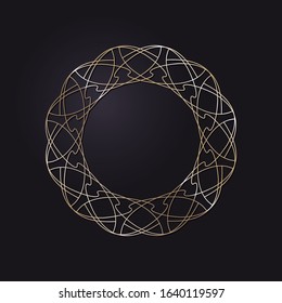 Decorative openwork round frame with gold abstract pattern on black background. Circular ornament. An elegant element for design. Vector.