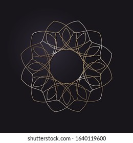 Decorative openwork round frame with gold abstract pattern on black background. Circular ornament. An elegant element for design. Vector.